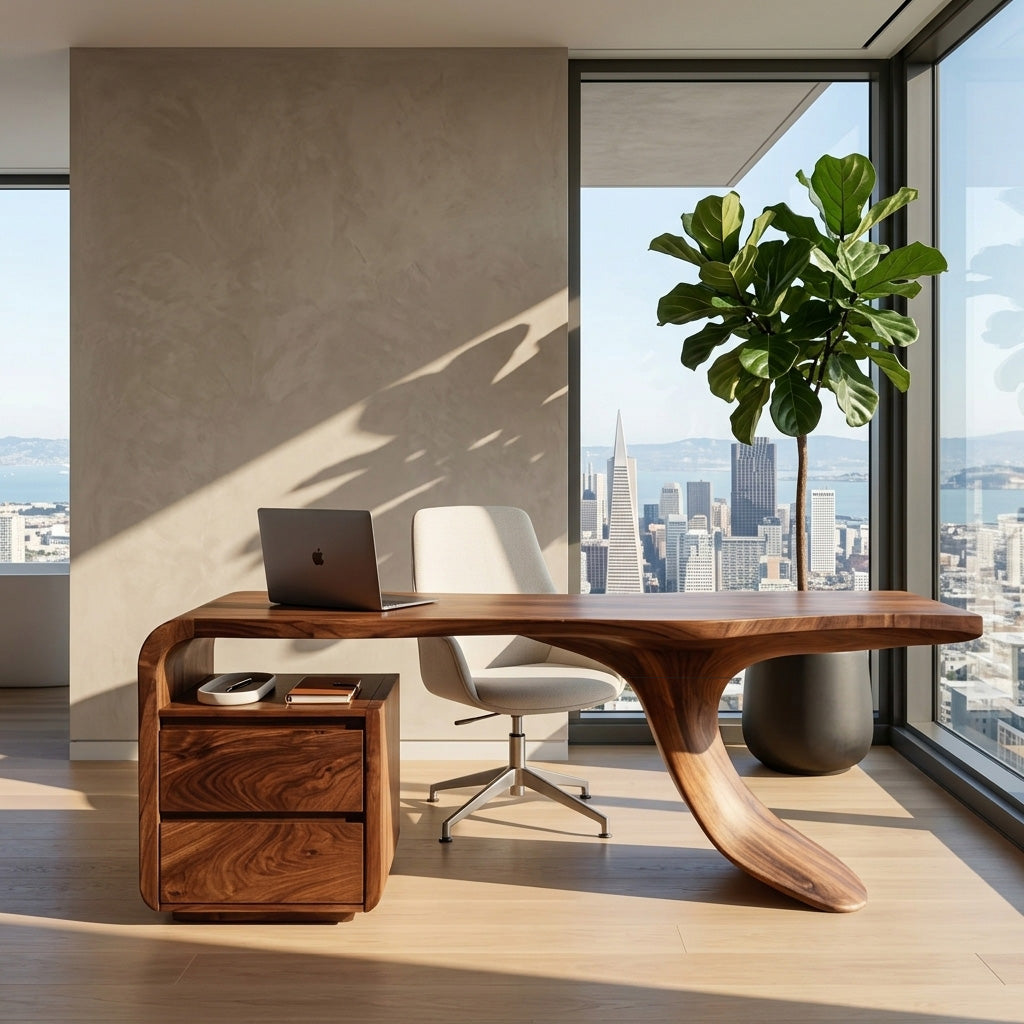 Modern Wooden Desk With Unique Curved Base For Workspace