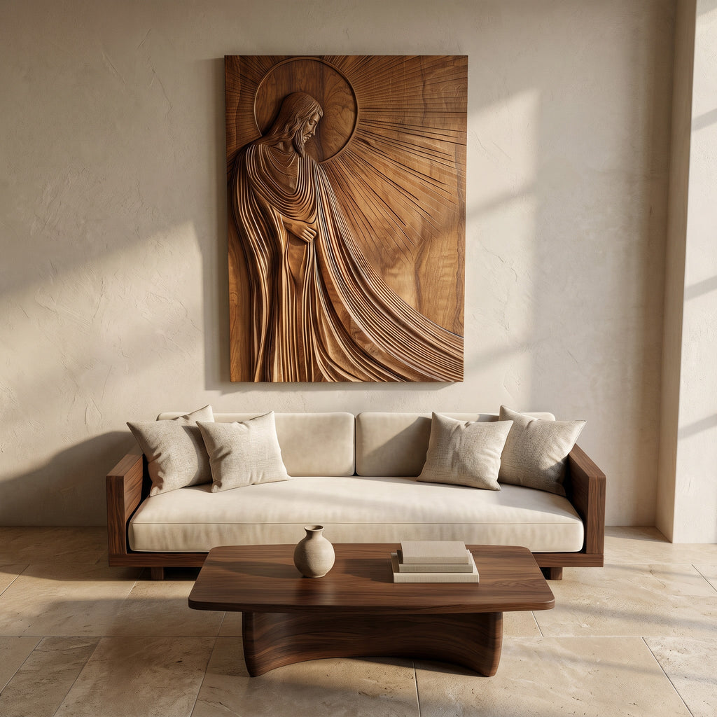 Radiant Carved Religious Wood Wall Panel, 47 to 86 Inch Tall
