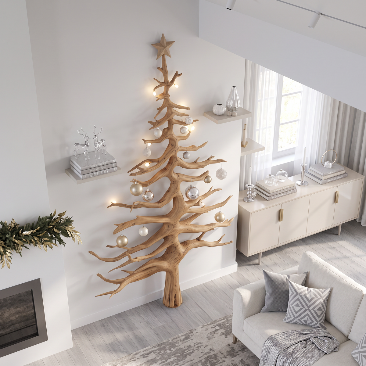 Evergreen Tree Shaped Wood Wall Shelf with Crossed Branches, 70 in