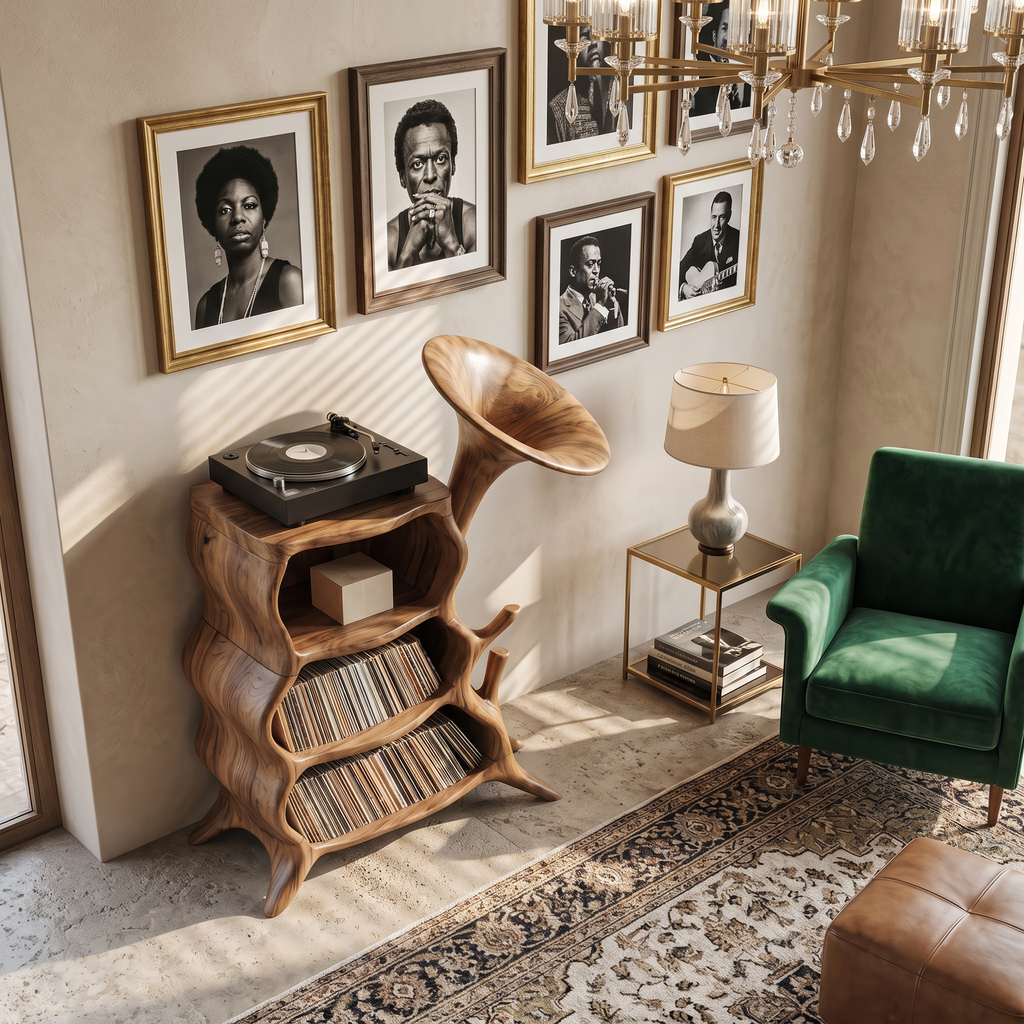 Hardwood Record Player Stand with Minimalist Cube Profile