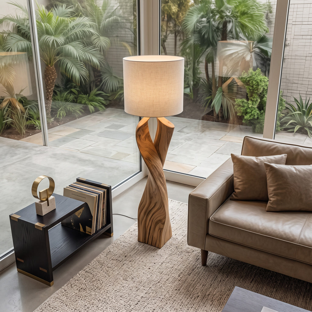 Twisted Wood Floor Lamp, Sculptural Solid Wood Standing Light