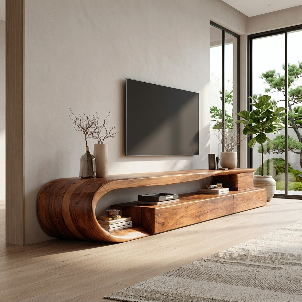 Curved TV Console with Drawers, Modern Solid Wood Media Credenza