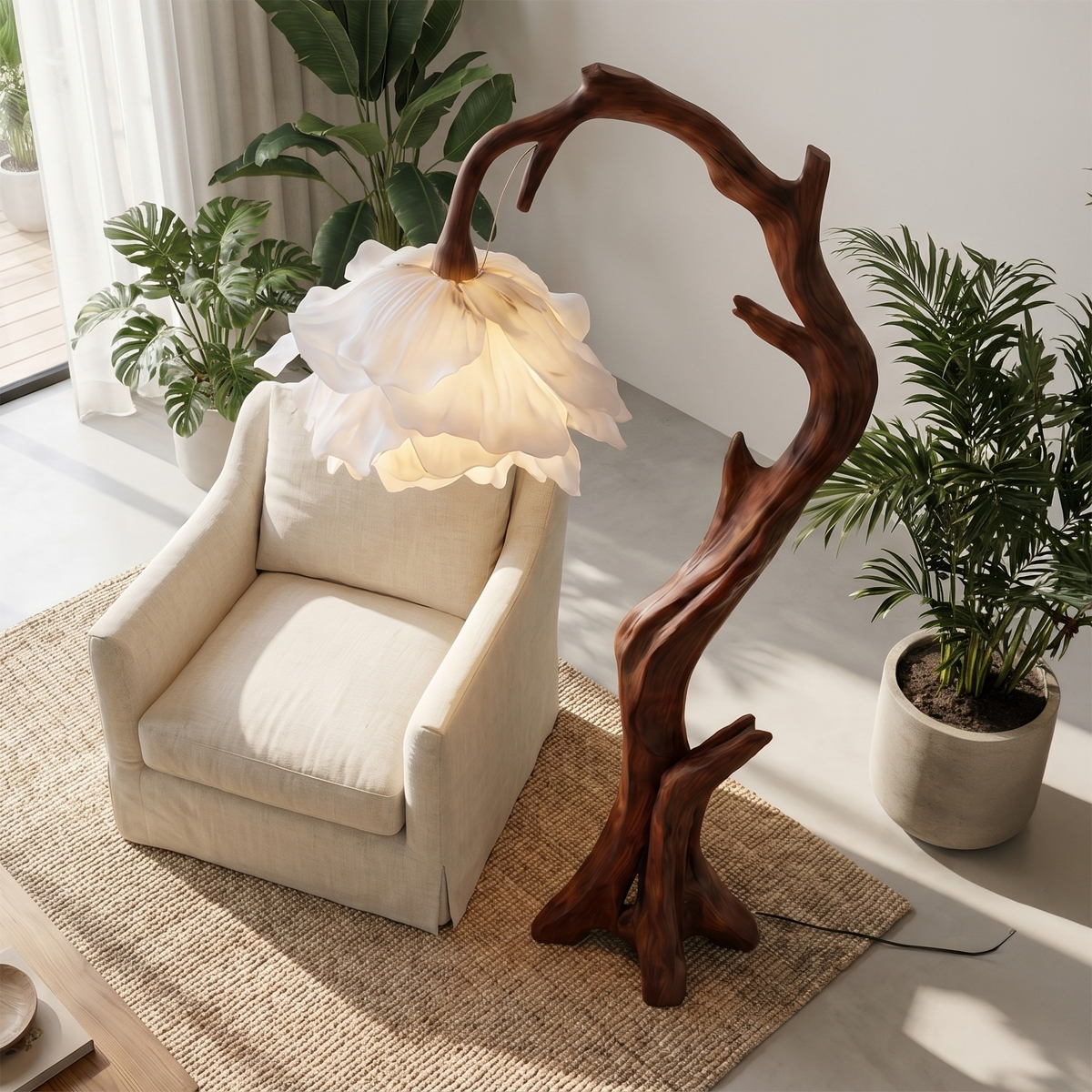 Wood Base Floor Lamp with Flower-Shaped Shades, 51 or 61 in Tall