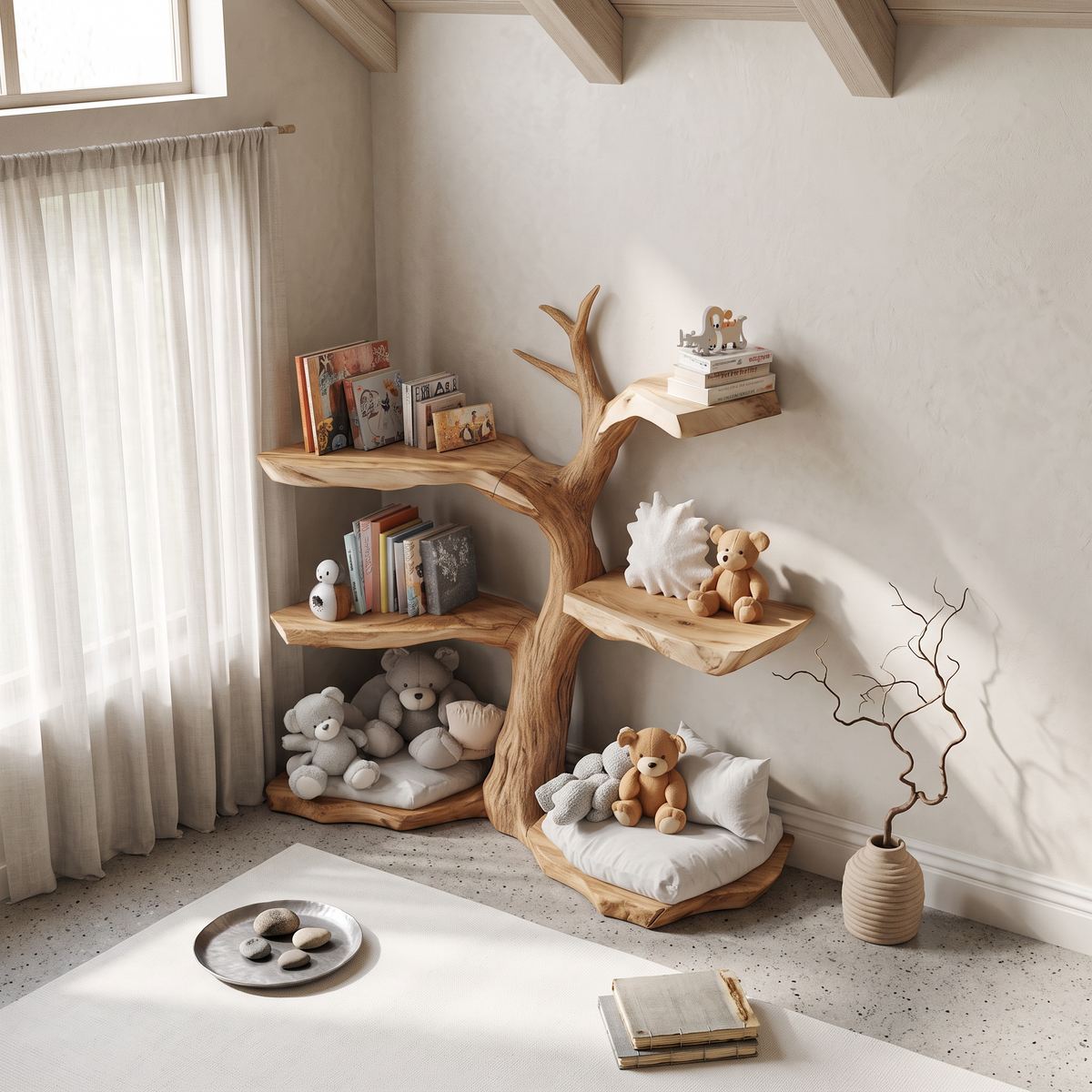 Corner Tree Bookshelf for Kids Room, Solid Wood Toy and Book Shelf