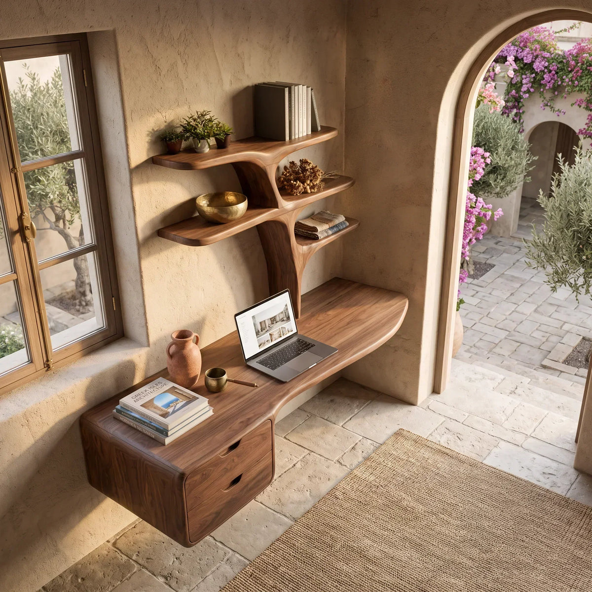 Contemporary Floating Desk Tree Form Bookshelf And Drawer For