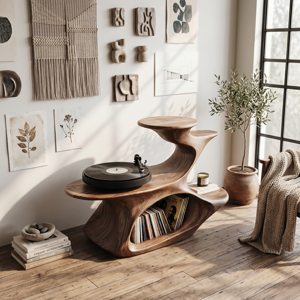 Live Edge Vinyl Record Console, 39 in High, 50 to 60 Inches Wide