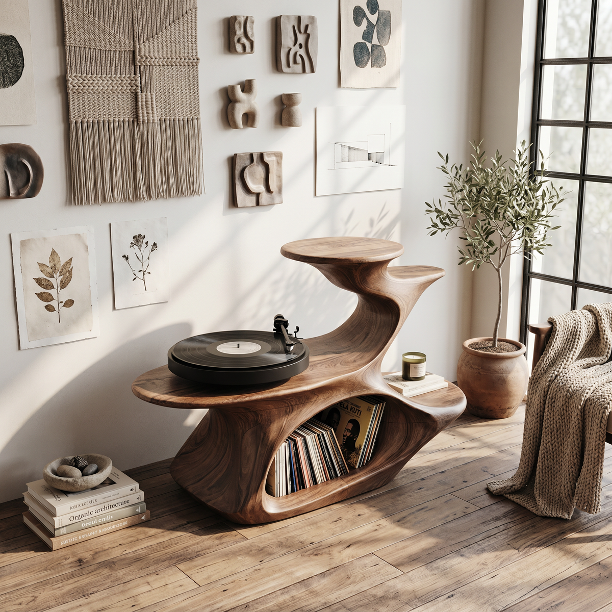 Live Edge Vinyl Record Console, 39 in High, 50 to 60 Inches Wide