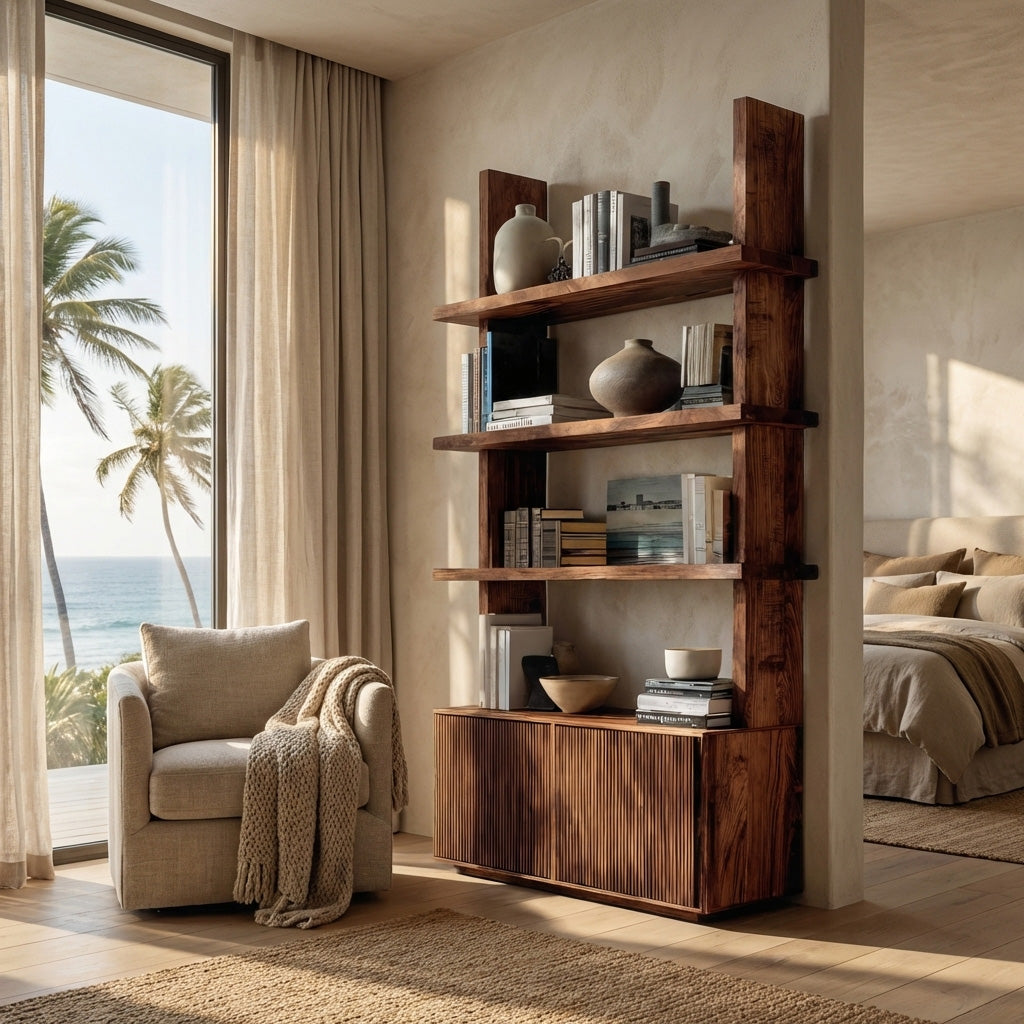 Fluted Wood Bookshelf With Vertical Open Shelving For Living Rooms