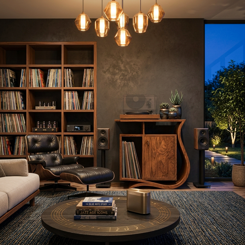 Contemporary Record Player Stand With Asymmetrical Form For Living