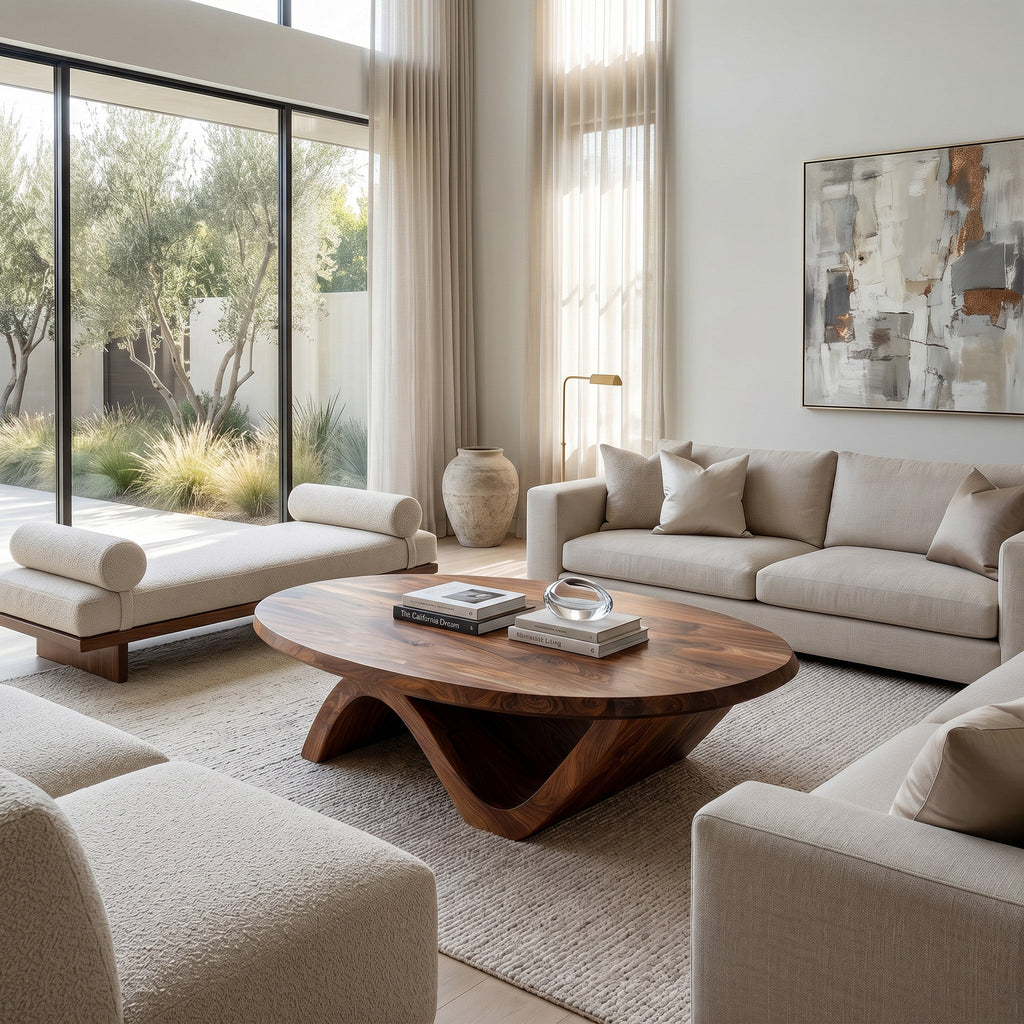 Sculptural Round Coffee Table With Curved Base For Home Decor