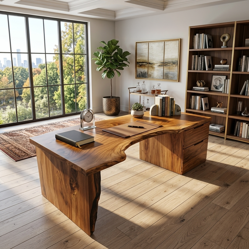 Asymmetric Live Edge Wood Writing Desk with Drawers, 59 to 79 in