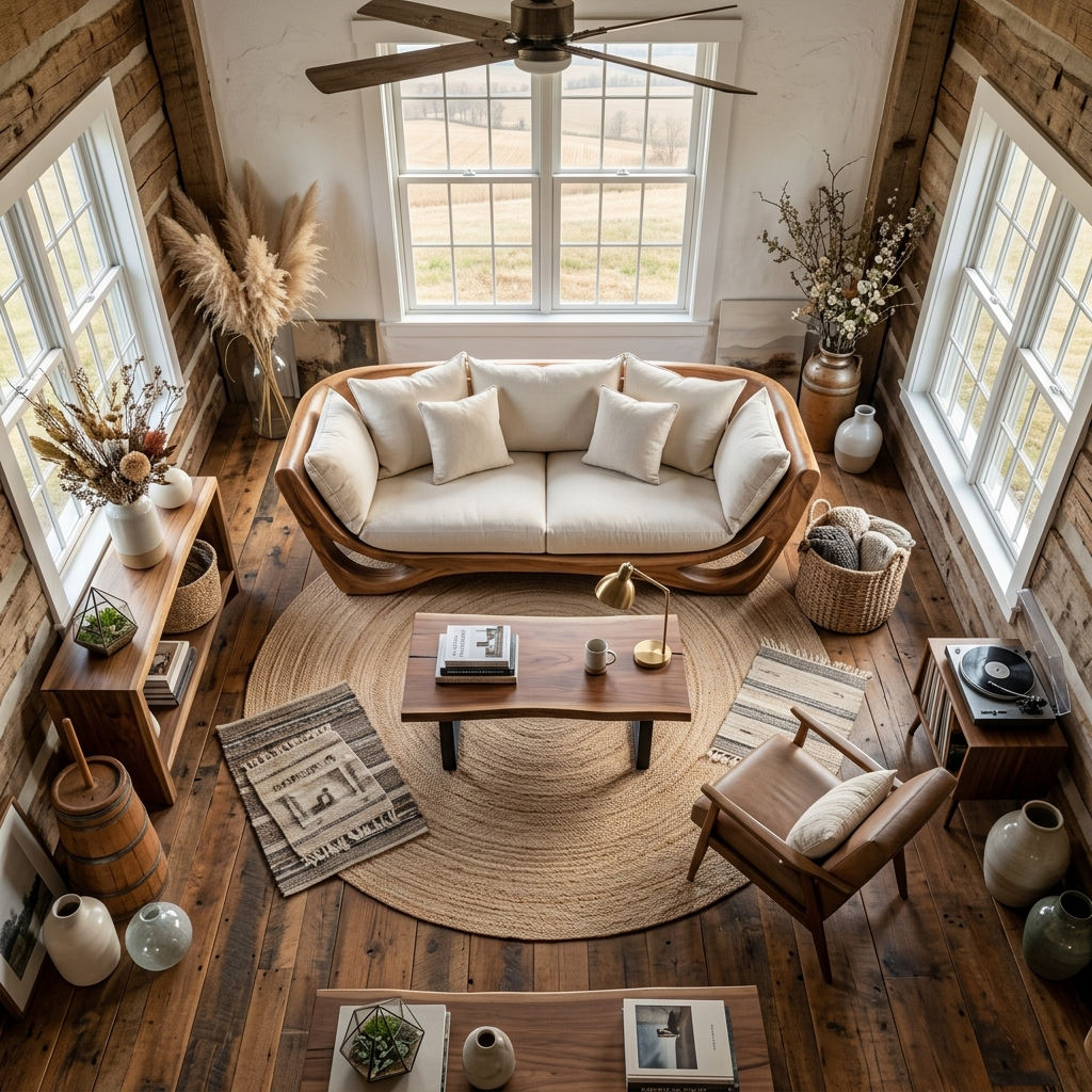 Modern Sculptural Solid Wood Frame Sofa with Cushions