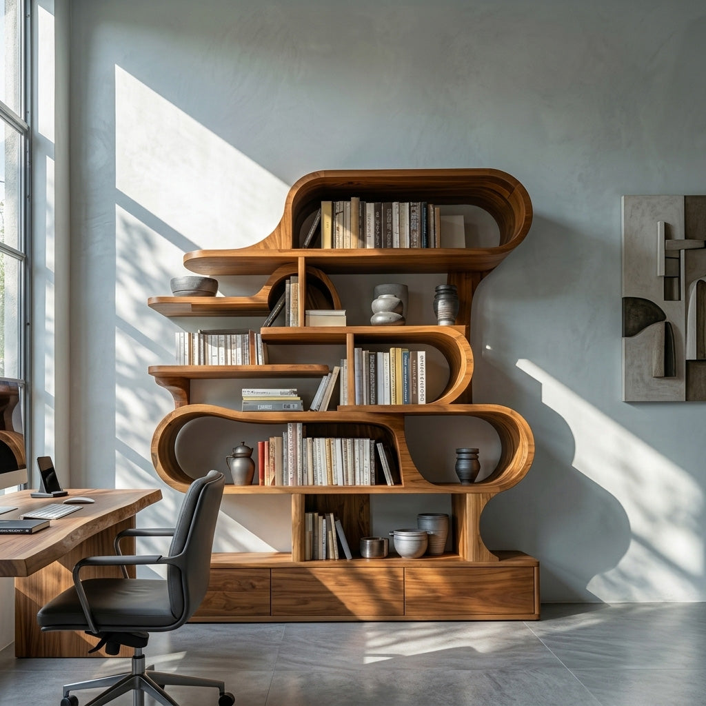 Layered Curve Wood Shelving Unit for Living Room, 59 to 79 in Tall