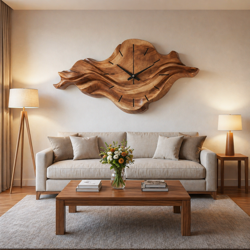 Horizontal Layered Wave Wood Wall Clock, 36 To 48 Inch Wide