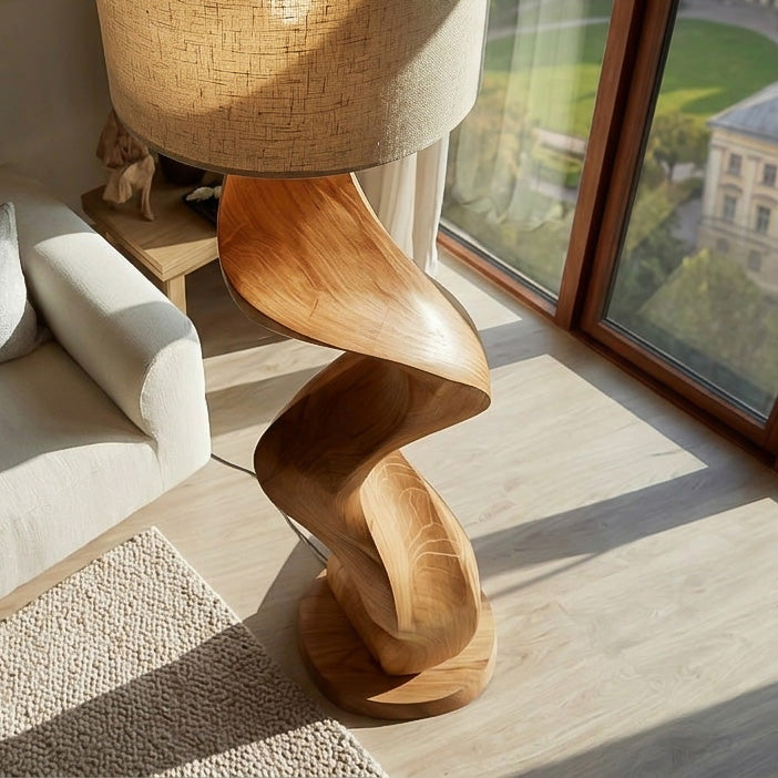 Gracefully Twisted Wood Base Floor Lamp, Fabric Shade, 39-63 in