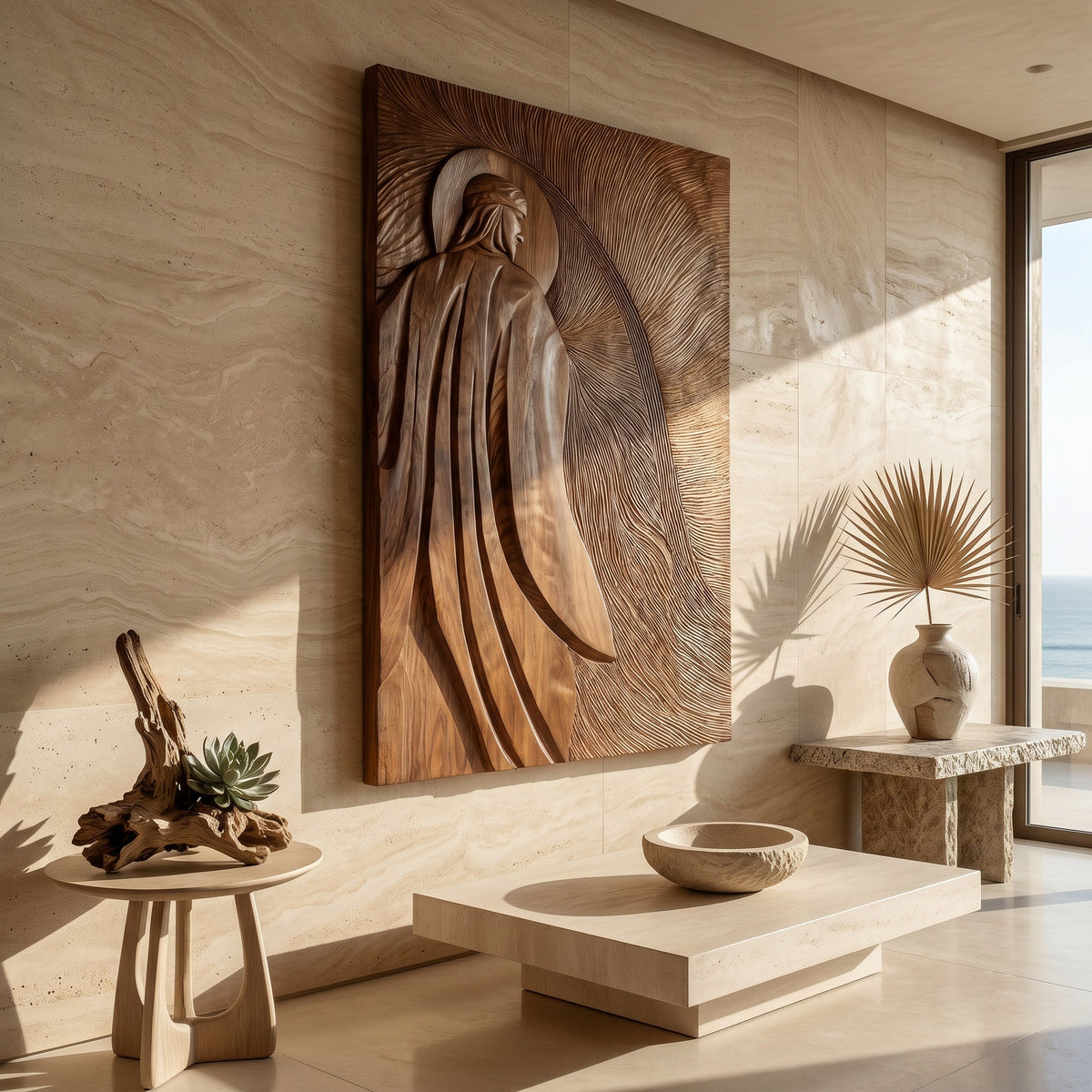 Carved Human Figure Wood Wall Sculpture, 47 To 79 Inch Tall