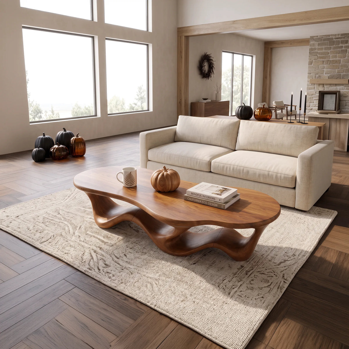 Ribbon Base Sculpted Wood Coffee Table For Modern Lounges