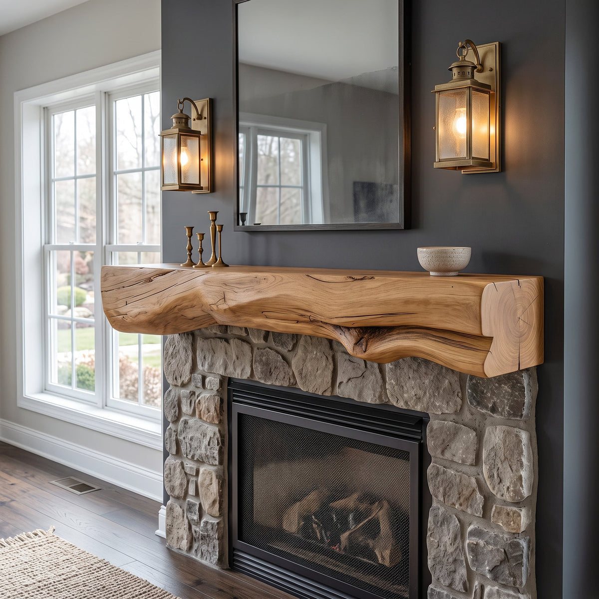 Single-Block Live Edge Fireplace Mantel with Knots, 36 to 84 Inch