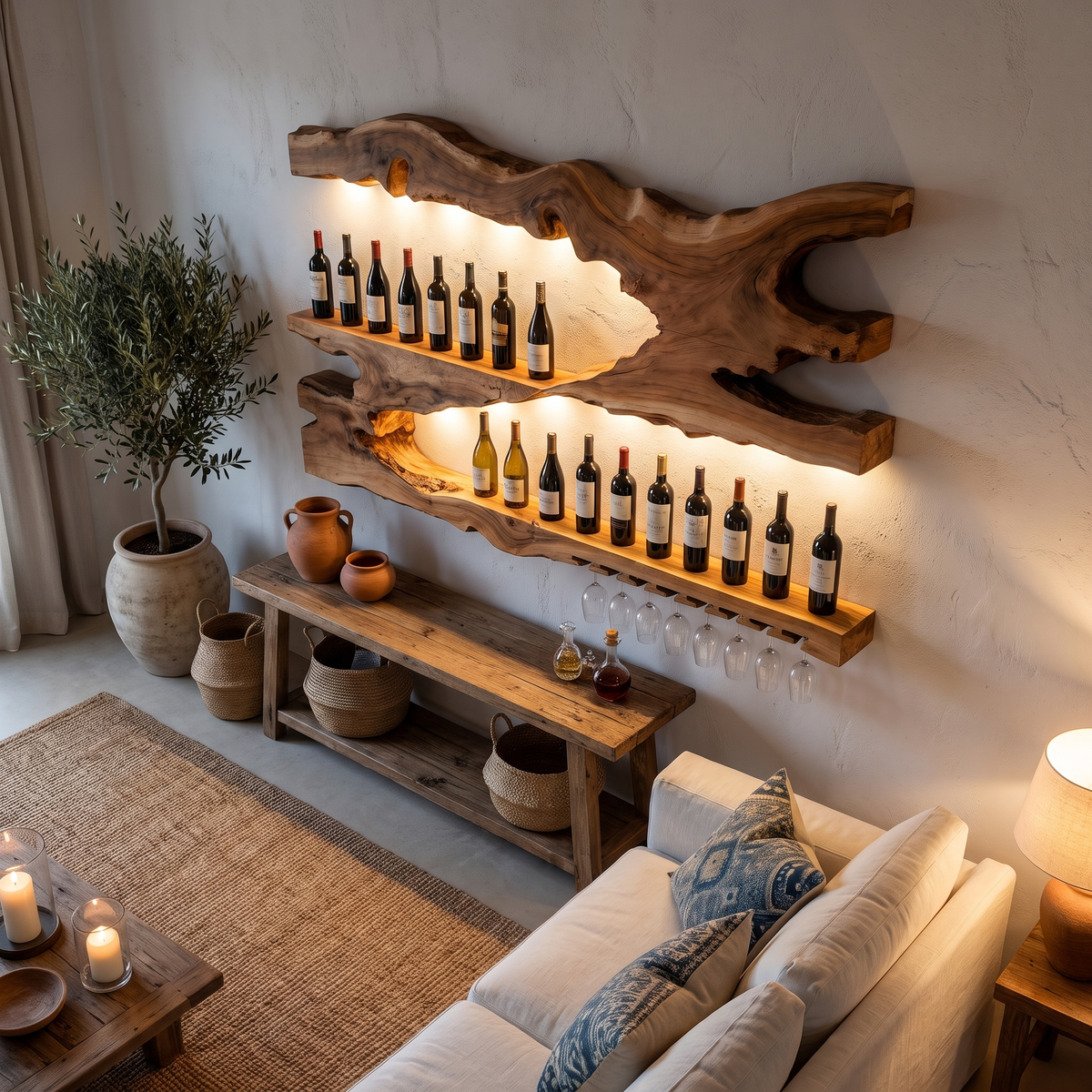 Mid-Century Monkeypod Wood Wall Wine Rack with Minimalist Shelf