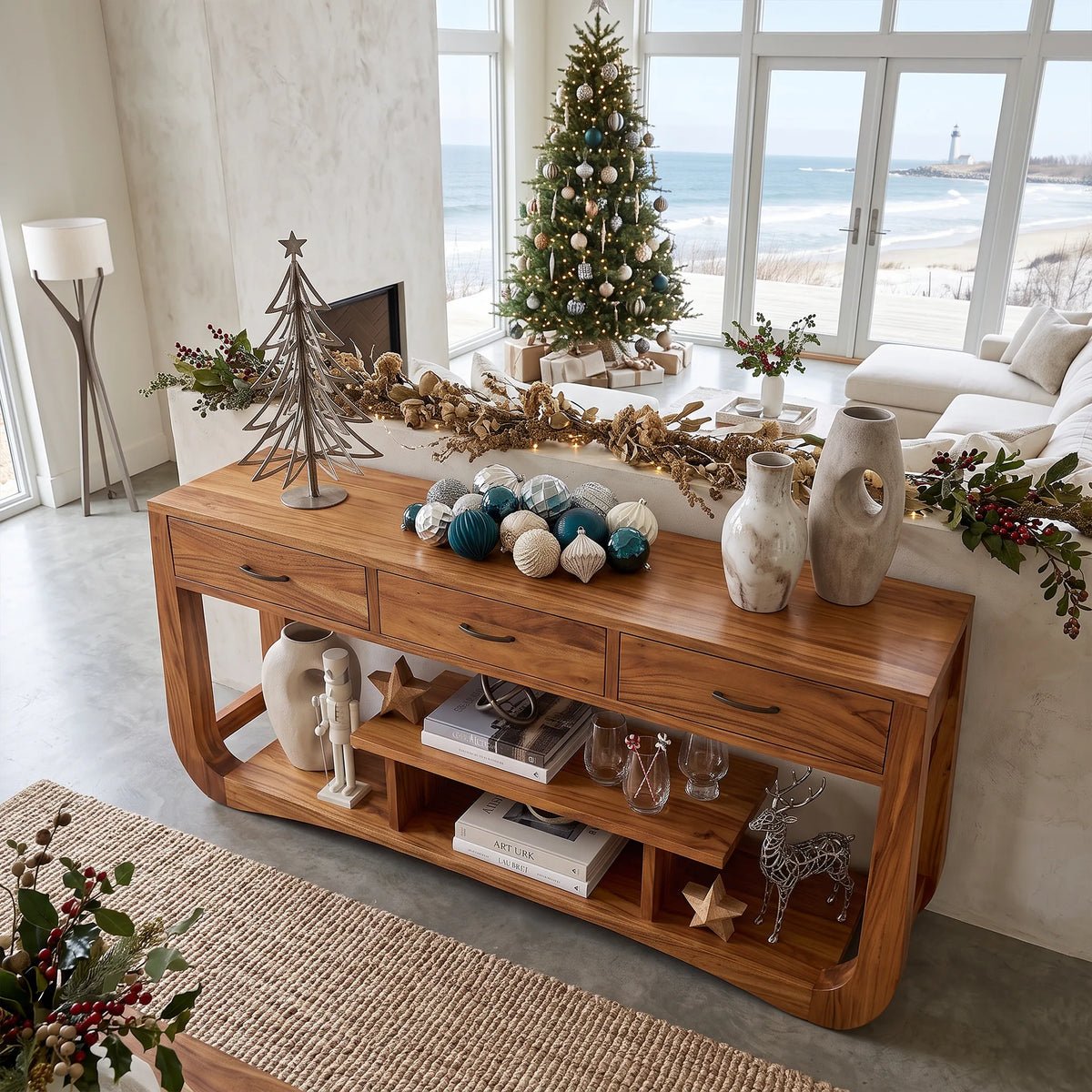 Long Handcrafted Wood Sofa Table For Holiday Displays, 40 To 83 In