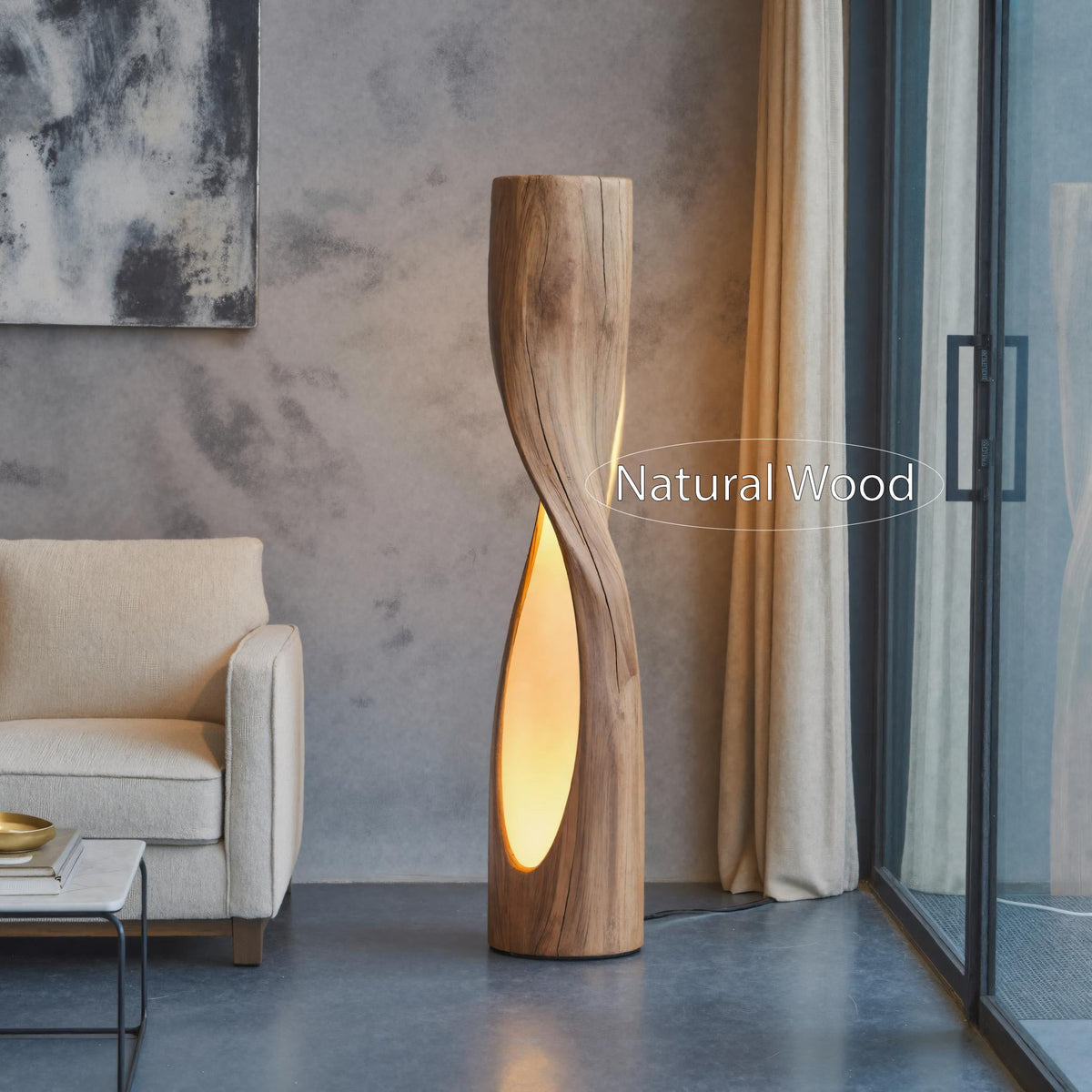 Spiral Carved Wood Column Floor Lamp with Cutouts, 47 to 71 in Tall