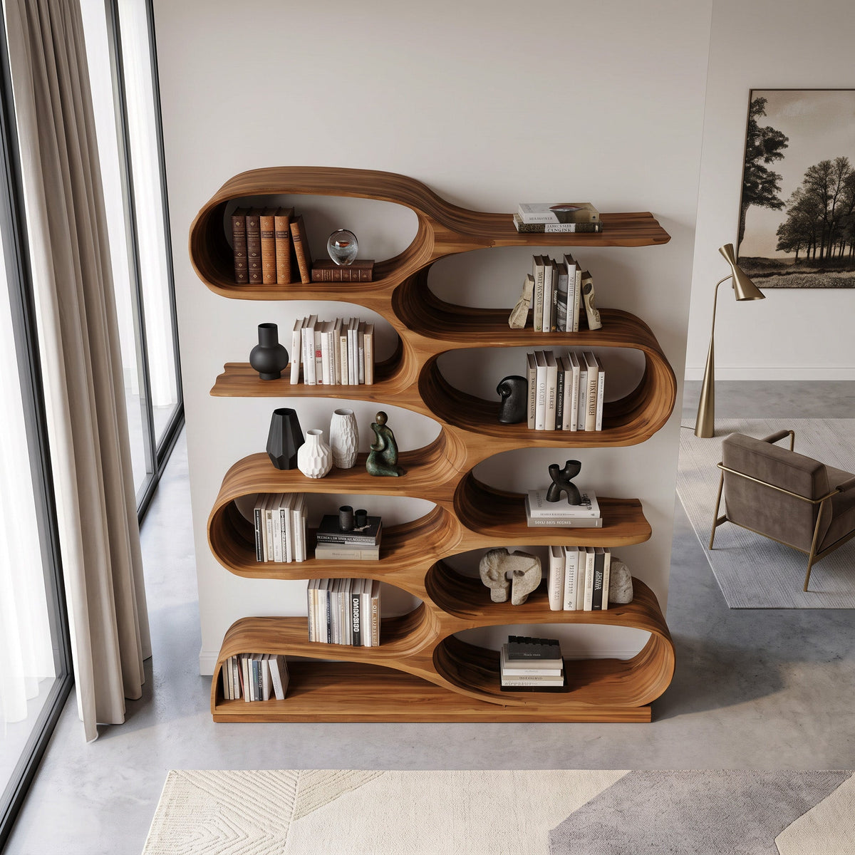 Wavy Tiered Wood Bookcase for Living Room or Study, 47 to 80 in Tall