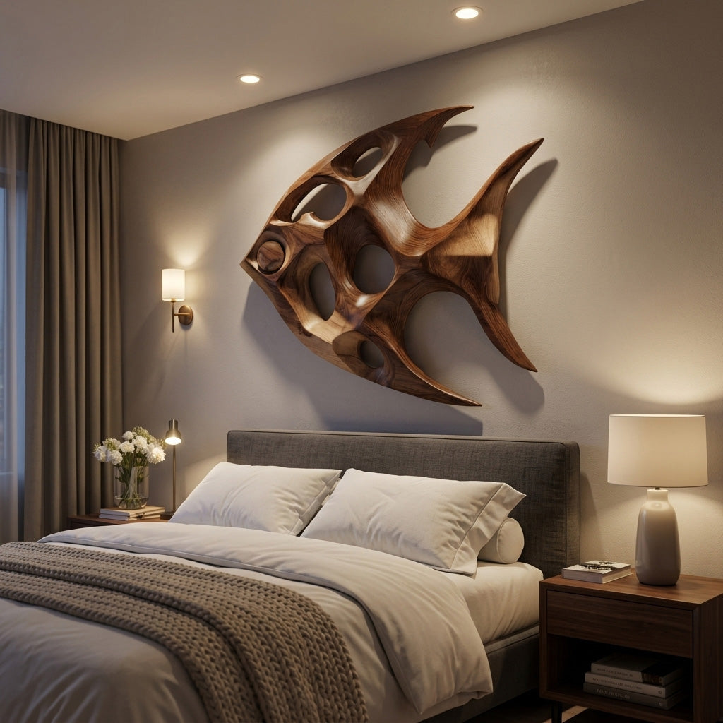 Fish Inspired Sculptural Solid Wood Wall Art with Open Voids