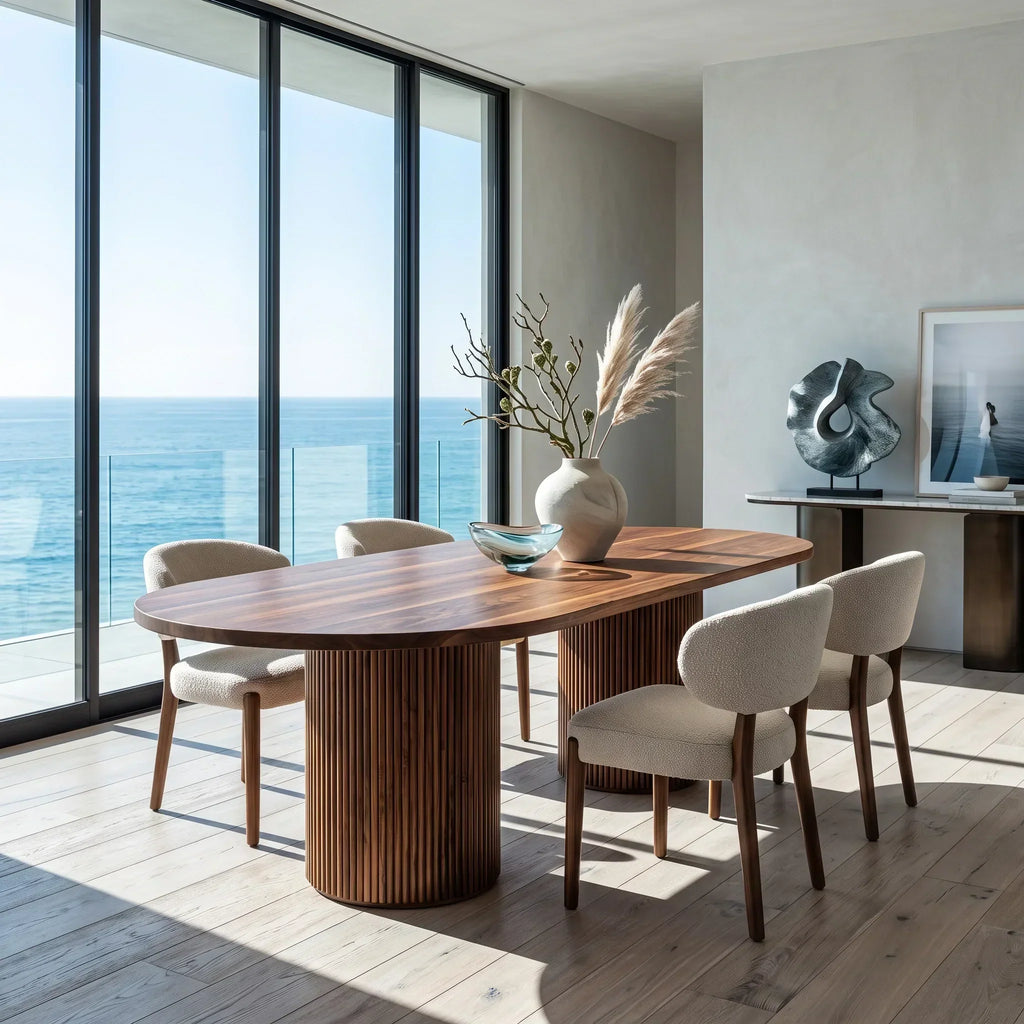 Contemporary Natural Wood Dining Table Fluted Pedestal For Dining Room