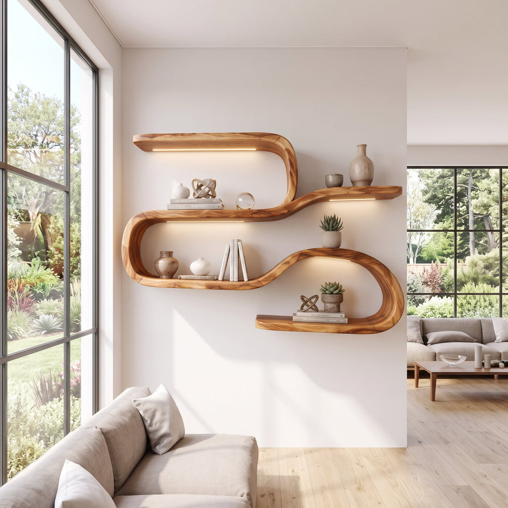 Mid Century Curved Wood Shelves For Coffee Bar