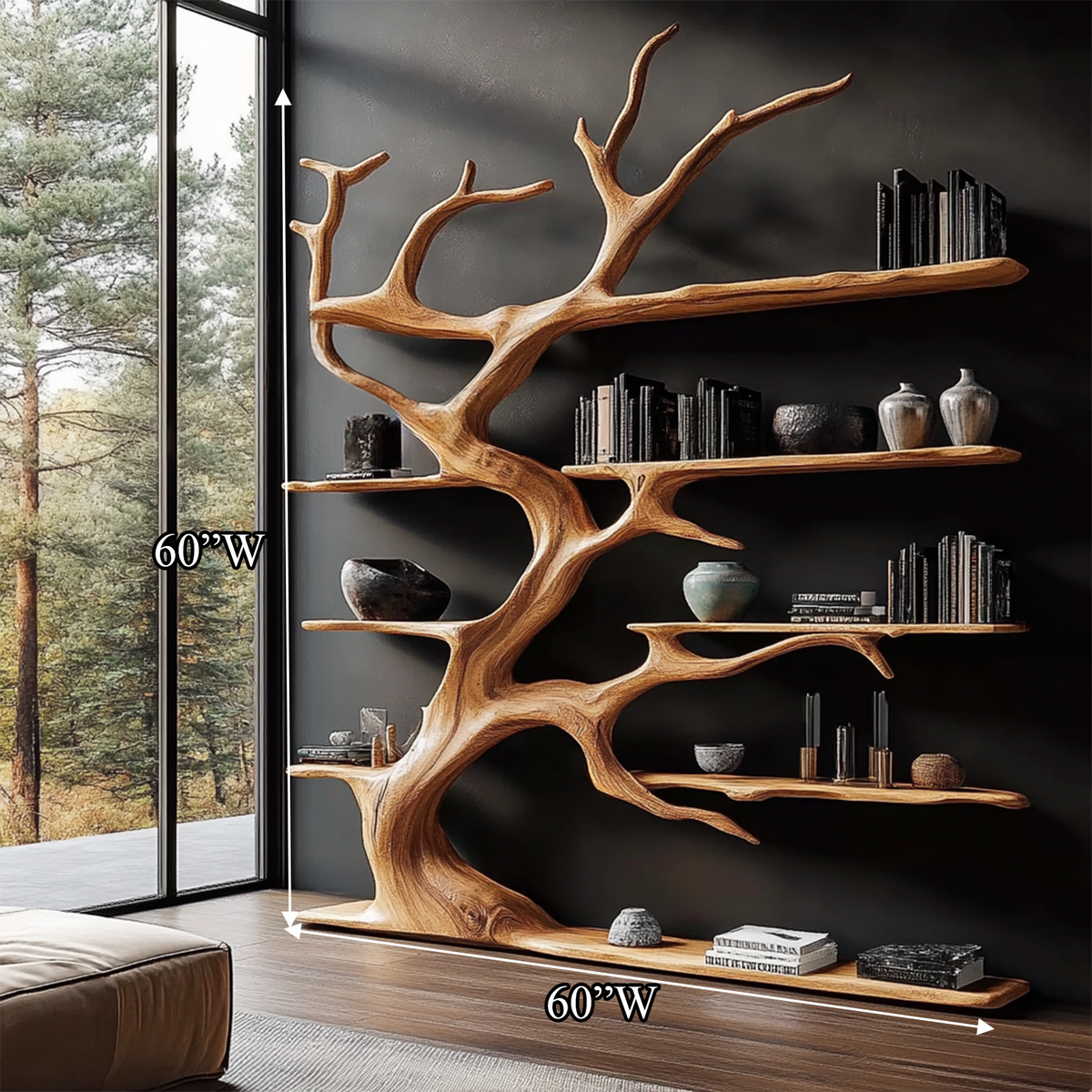 Branch Outline Wood Display Bookcase for Living Room, 60 x 70 in