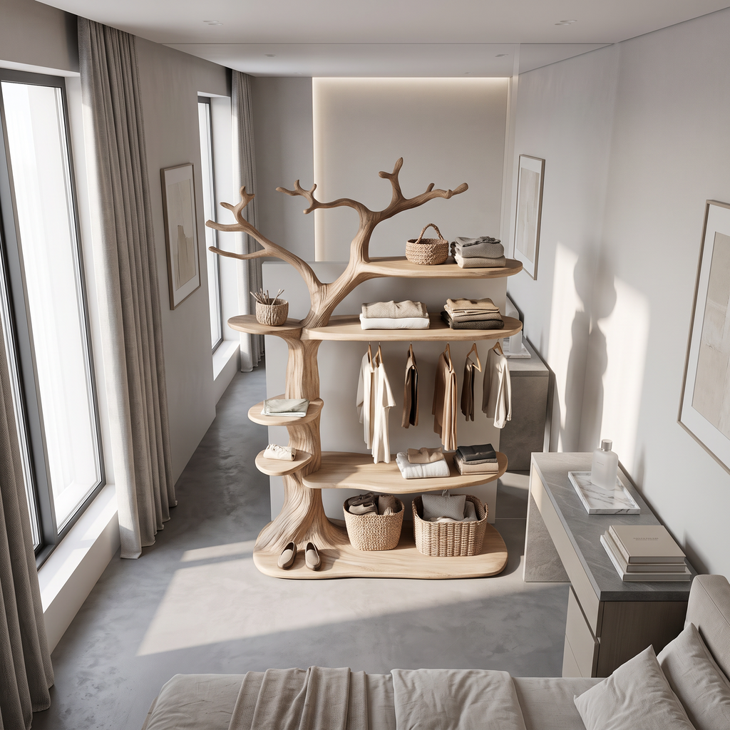 Rustic Tree Clothing Rack With Wood Display Shelves