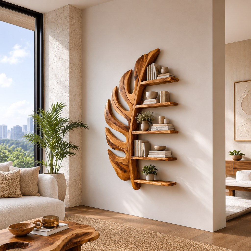 Leaf-Shaped Wall Mounted Wood Bookshelf, 31 to 59 Inch Tall