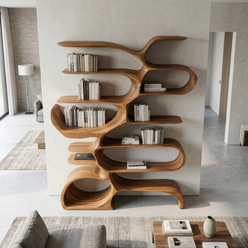 Sculptural Wooden Bookcase For Modern Living Room Storage