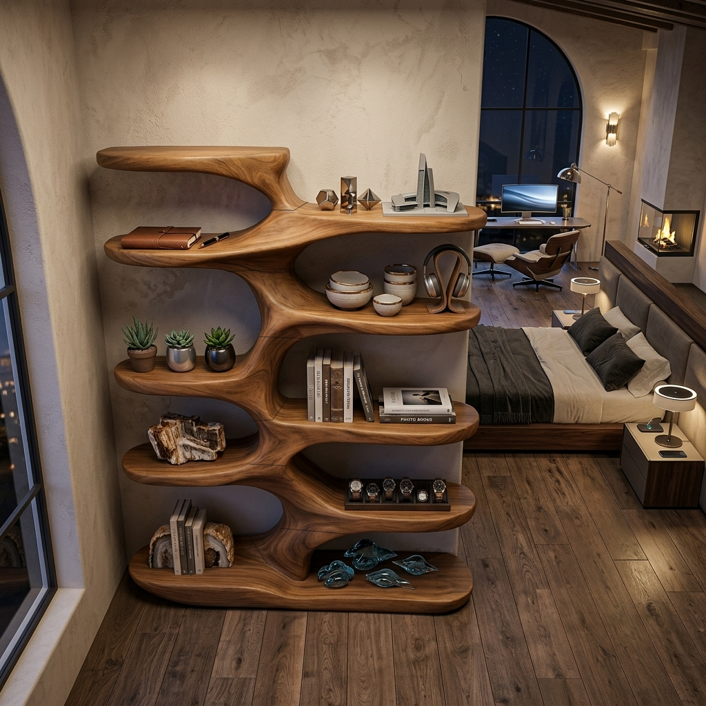 Handcrafted Sculptural Wood Bookshelf For Home Library