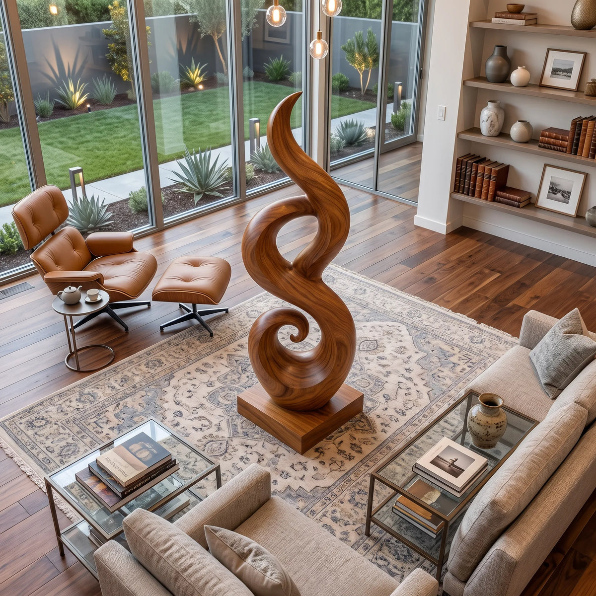 Open-Grain Carved Wood Floor Sculpture For Beach House Interiors