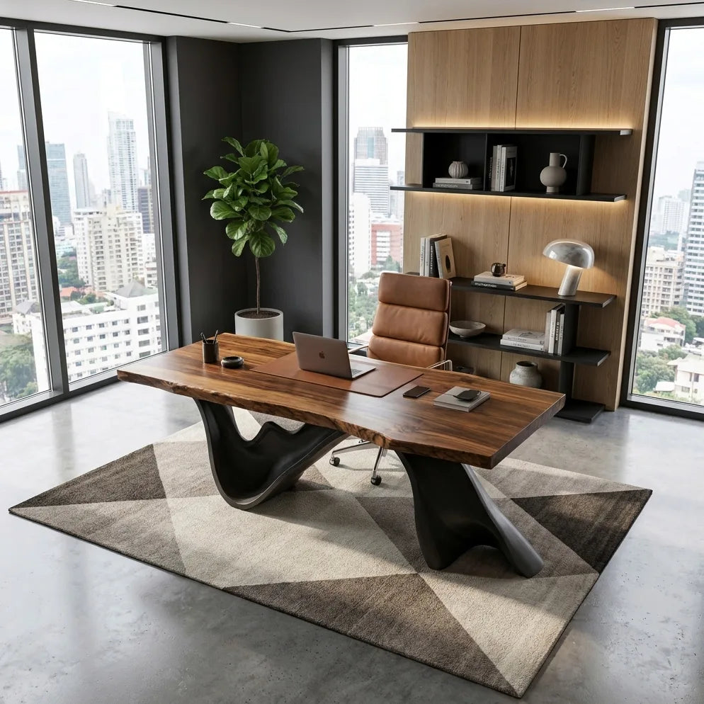 Live Edge Executive Desk With Dark Curved Sculptural Bases