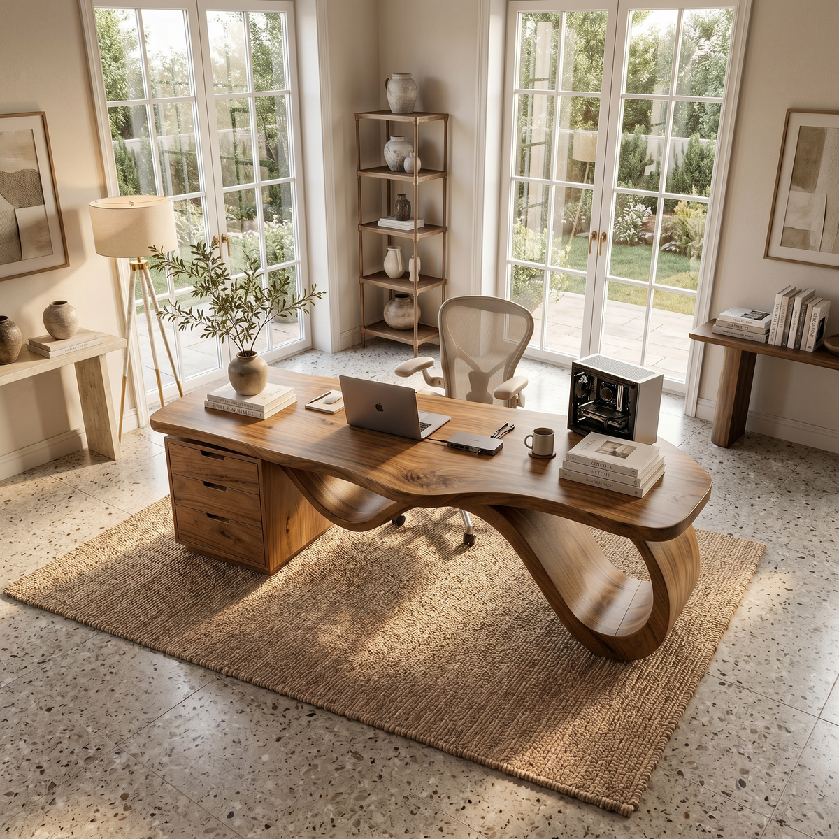 L-Shaped Wave Base Wooden Executive Desk For Studio Offices
