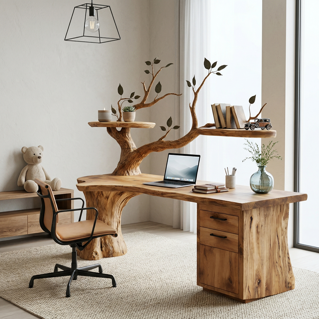 Tree Desk with Floating Shelf, Sculptural Branch Solid Wood Workspace