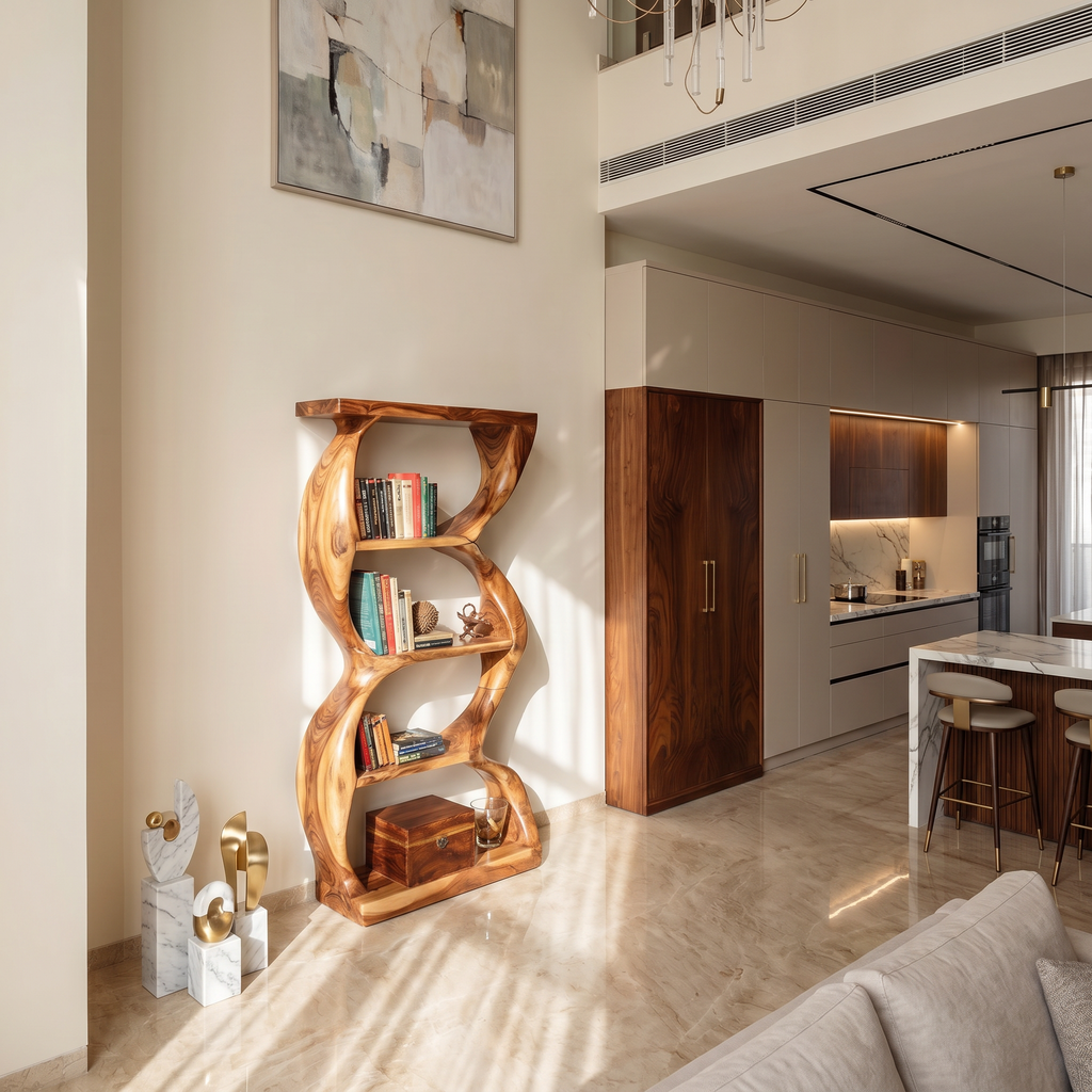 Soft Curve Wooden Bookcase With Open Shelves, 47 to 79 Inch