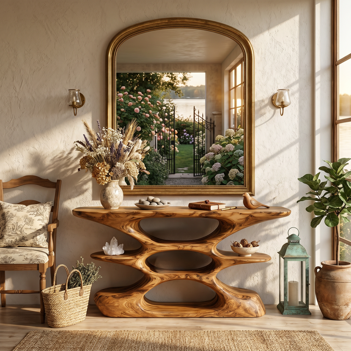 Layered Curve Wood Console With Open Cutout Shelves, 51 To 76 In