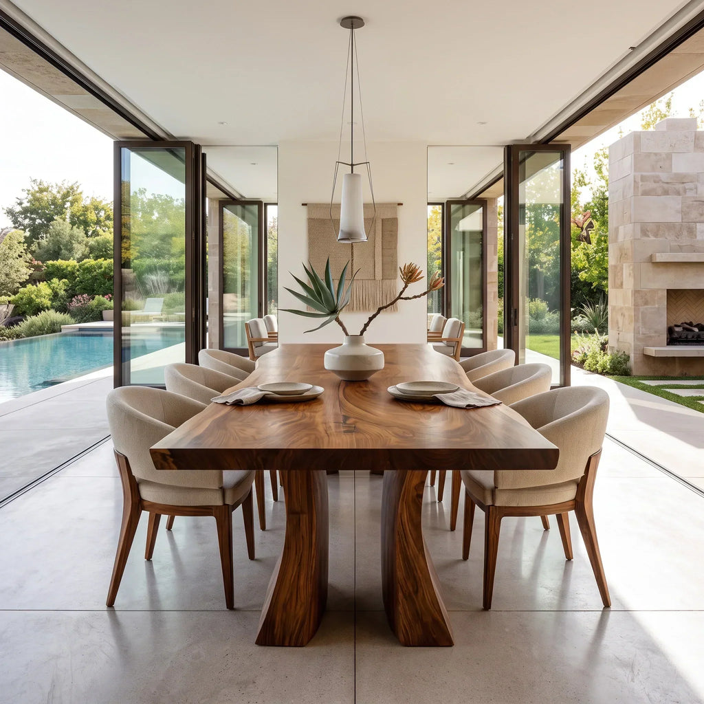 Contemporary Natural Wood Dining Table Sculptural Pedestal For Dining Room