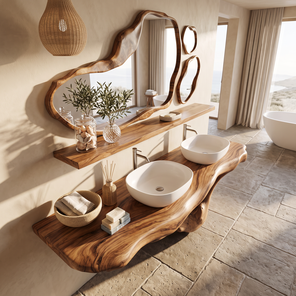 Live Edge Solid Wood Bathroom Vanity Shelf with PU Finish