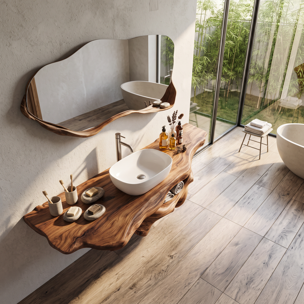 Solid Oak Live Edge Wall-Hung Bathroom Vanity Shelf, Farmhouse