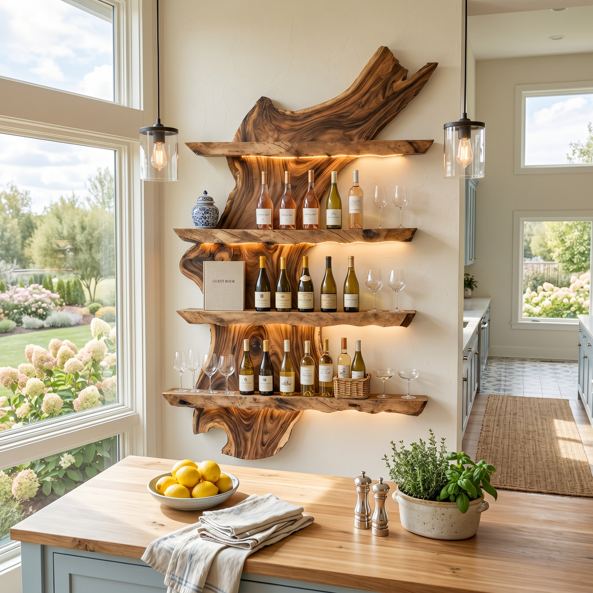Wall-Mounted Wine Bottle Display in Monkey Pod Wood, 39 to 65 Inch