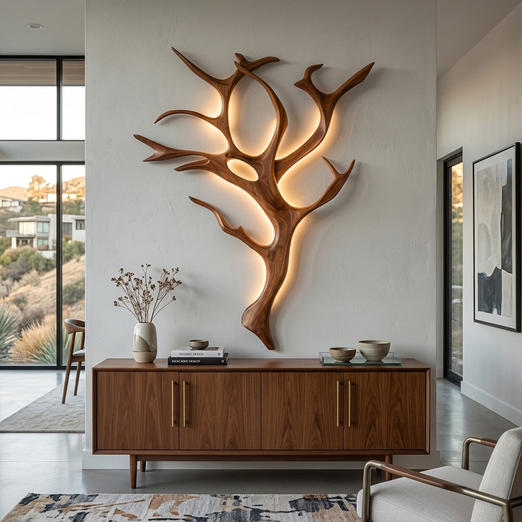 Handcrafted Wood Tree Branch Wall Lamp with Integrated Lighting