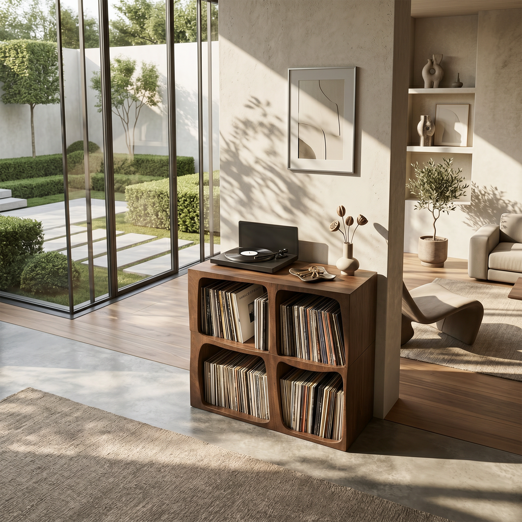 Live Edge Turntable and Vinyl Cabinet, 22 to 35 in High, 26-41 in