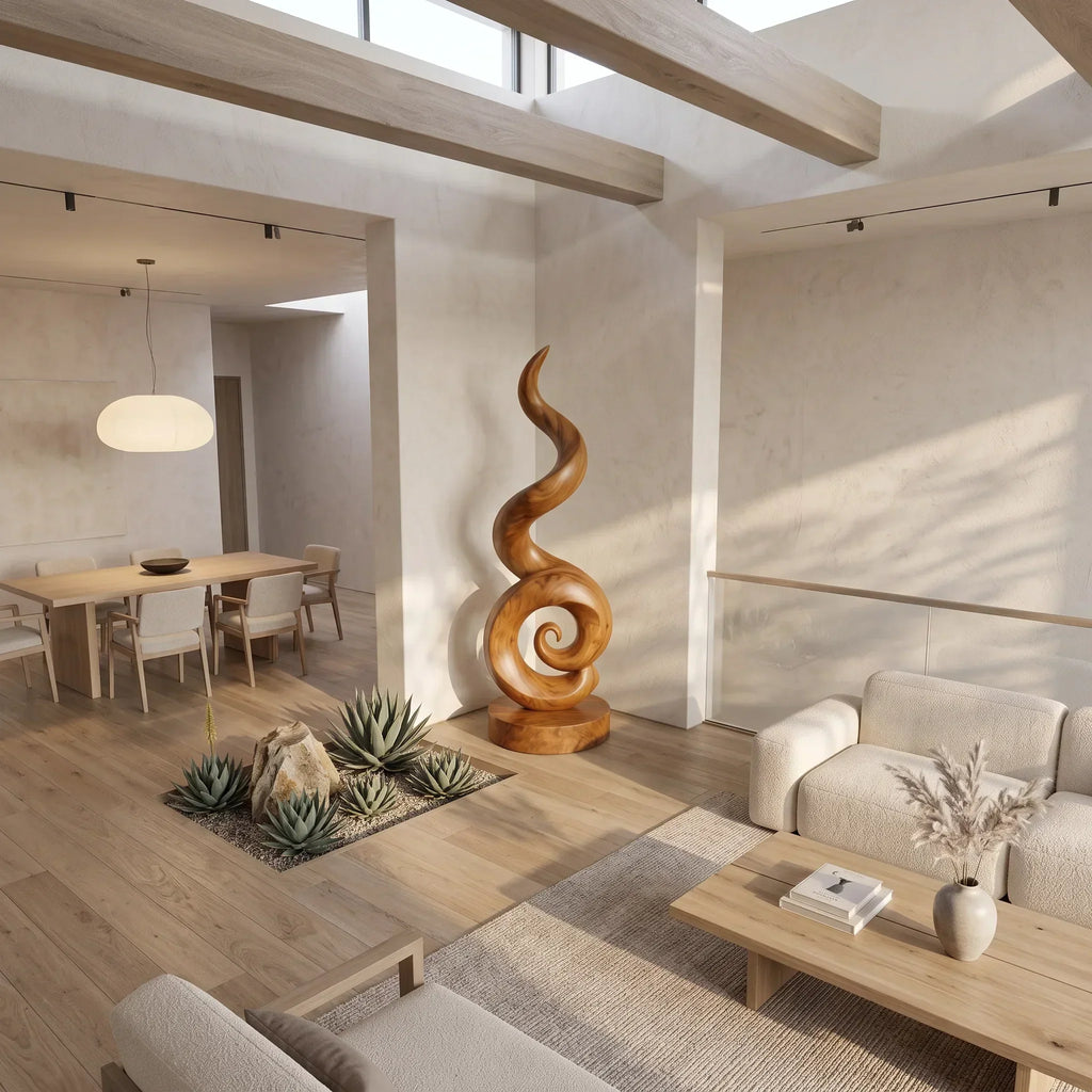 Coastal Spiral Wood Sculpture For Luxury Poolside Patio Decor