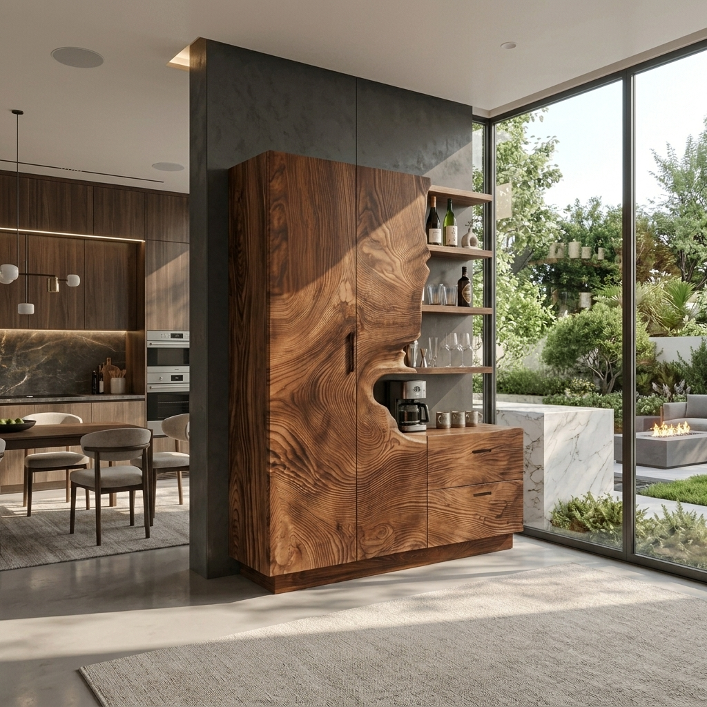 Tall Wall Wine Cabinet with Carved Doors and Bottle Shelves