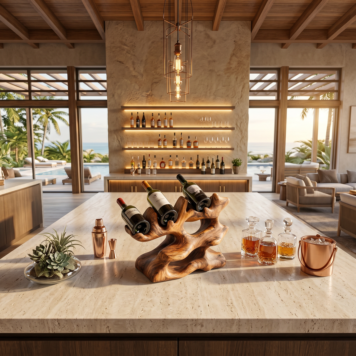 Freestanding Monkeypod Block Wine Holder for Kitchen Island