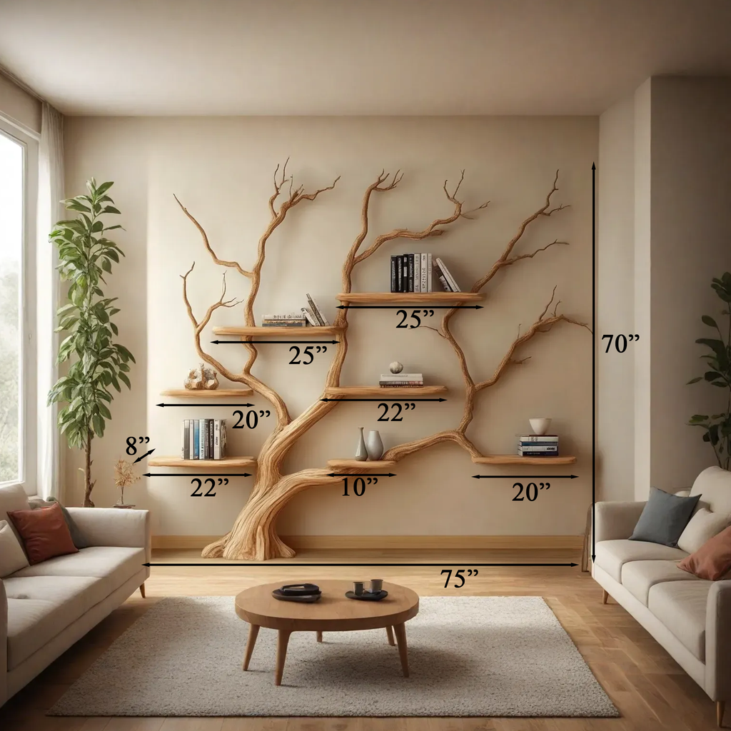 Wide Brown Branch Tree Wall Bookshelf, 70 x 75 Inch Floating